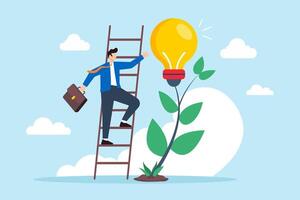 Flat illustration of businessman climbs ladder to reach lightbulb and growing plant symbolizing creativity and personal development vector