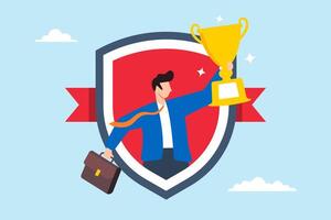 Flat illustration of success businessman holds trophy badge recognized as employee of the month vector