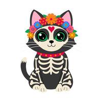 A skeleton cat with a flower crown on its head. The cat is wearing a skeleton costume and has a skeleton collar vector