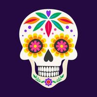 A colorful skull with flowers and leaves on it. The skull is decorated with bright colors and has a flower on each eye vector