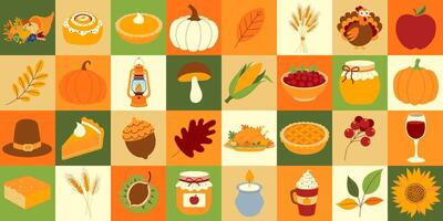 A colorful image of various fall foods, including pies, apples, and pumpkins vector