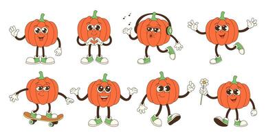 A series of cartoon pumpkins with one of them holding a skateboard. The pumpkins are all smiling and seem to be having fun vector