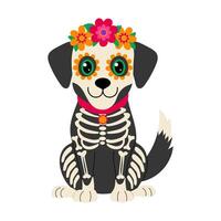 A skeleton dog with a flower crown on its head. The dog is wearing a red collar. The image has a spooky and cute vibe vector