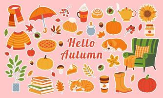 A colorful sticker sheet with various fall-themed items such as pumpkins, apples, and a cat. The sheet is titled Hello Autumn and features a green chair vector