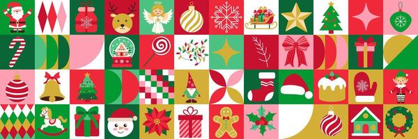 A colorful Christmas themed image with many different shapes and sizes of Christmas decorations. The image is a collage of various Christmas symbols, including a bell, a snowflake, a star vector