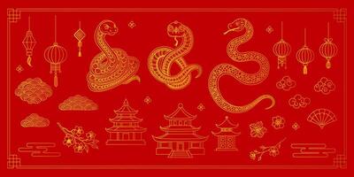 2025 Lunar Chinese New Year gold icons set. A red background with a snake, flower, clouds, lantern. vector
