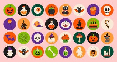 A collection of Halloween themed icons, including skulls, pumpkins, witches, and skeletons. The icons are arranged in a grid pattern on a pink background vector