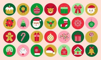 A collection of Christmas icons including Santa Claus, Christmas trees, and presents. The icons are arranged in a grid on a pink background vector