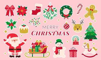 Merry Christmas is written on the image. A variety of Christmas decorations, including a Santa Claus, a reindeer, a wreath, and a gingerbread man. There are also several presents and a Christmas tree vector
