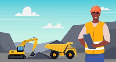 Excavator and dump truck working at coal mine. Open pit mine or quarry, extraction machinery. African American Man engineer in orange protective helmet on the foreground. illustration. vector