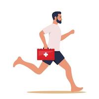 Man lifeguard runs along beach to save life of man in need of help is drowning in sea. Guy works as lifeguard. illustration. vector