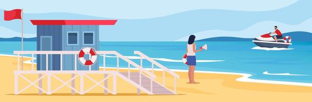 Lifeguard tower and professional beach lifeguard standing with lifebuoy and loudspeaker on the beach. Coast guard station in modern flat design. illustration. vector