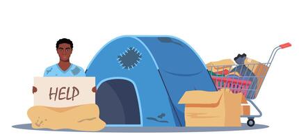 Homeless black man holding banner Help. Trolley cart with belongings and camp near. Bum in ragged clothes sitting on ground begging money. Unemployed character asking support, begging. . vector