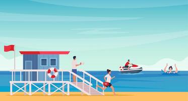 Beach lifeguard drives water scooter, rushing to save a drowning man. Lifeguard tower on the beach. Rescuers provide emergency aid, lifesaving. illustration. vector