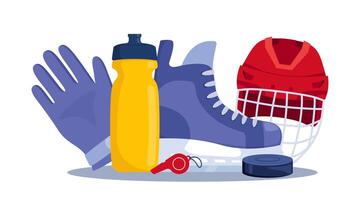 Composition of hockey equipment. Helmet, gloves, stick, puck, skates, whistle, water bottle. illustration. vector
