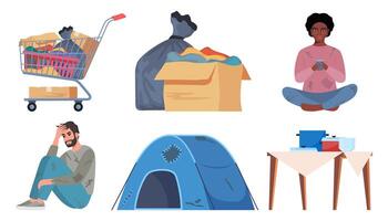 Homeless People live on the street, set of elements. Beggar character need help and work, sleeping on street, wearing ragged clothing, pick up garbage. Illustration. vector
