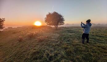 Beautiful sunrise landscape scenery, person in the field taking photo of lonely tree, nature background, Galway, Ireland