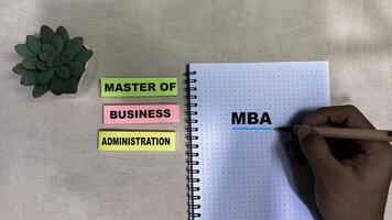 Concept of MBA - Master of Business Administration write on sticky notes isolated on Wooden Table. photo