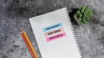 Concept of New Monday, New Week, New Goals write on sticky notes isolated on Wooden Table. photo