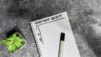 Concept of Content Audit write on book. Supported by an additional services isolated on Wooden Table. photo