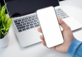 Mockup image screen smartphone, Cell phone with blank space for text, Hand woman work using smartphone, White background for advertising, Marketing, Design, Design creative work space. photo