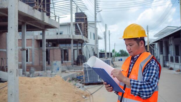 Man engineer working at site of a large building project, Engineers holding blueprint project working outdoors building side with blueprints on a worksite, Engineering and architecture concept. photo