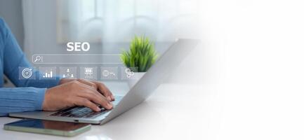 Woman use search engine to Searching for information, Businesswoman Search On Virtual Screen Data Search Technology Search Engine Optimization, Using web Console for data, SEO, Marketing planning. photo