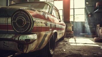 Vintage Car with Rusty Patina in an Old Garage Workshop photo