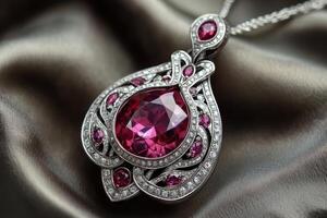 Intricately designed ruby and diamond pendant on luxurious satin background photo