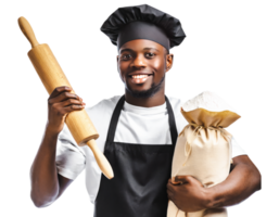 A smiling black man in an apron holding a rolling pin and a bag of dough png