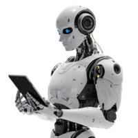 AI Robot Typing on iPad Isolated on Transparent Background png