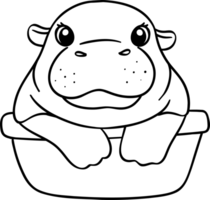 Cute Pygmy bouncy hippo in basin doodle outline coloring image png