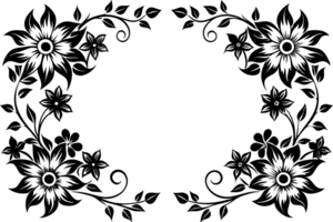 A symmetrical art floral design features intricate black leaf and flower patterns, framing an open space in the center. cutouts png