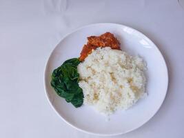 rice with padang rendang chicken side dish and cassava leaf vegetables on a white plate isolate on white photo