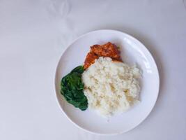 rice with padang rendang chicken side dish and cassava leaf vegetables on a white plate isolate on white photo