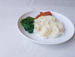 rice with padang rendang chicken side dish and cassava leaf vegetables on a white plate isolate on white photo