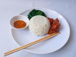 rice with padang rendang chicken side dish and cassava leaf vegetables on a white plate isolate on white photo