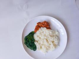 rice with padang rendang chicken side dish and cassava leaf vegetables on a white plate isolate on white photo