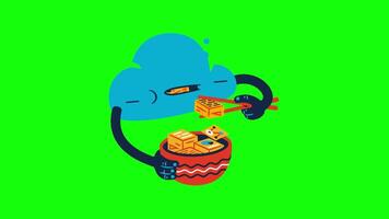 Cloud Uploading Data from Food Bowl Using Chopsticks on green screen animation video