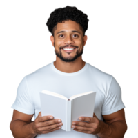 Smiling man reading a book with a transparent background png