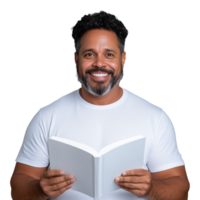 Smiling man reading a book on transparent background png