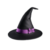 Classic witch hat with purple ribbon and bow on transparent background png