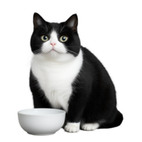 Adorable black and white cat with a bowl on a transparent background png