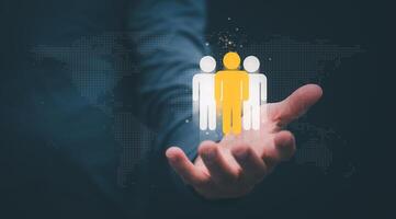 Businessman showing the linkage of organizational structure with effective management and have leadership in team building, human resource management concepts, strategic goals for business growth photo