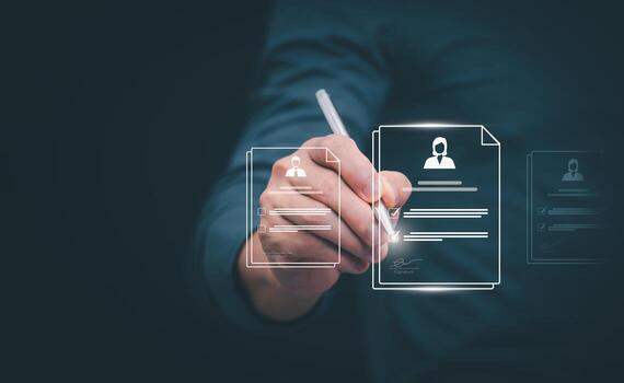 Male hand pointing at symbol of guarantee of quality of service Certification concept and standard quality control Standard warranty Documents certified on virtual screen photo