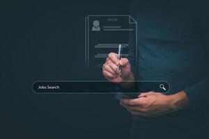 Information data search technology, search optimization, male hand using jobs search, using the search bar function on your website, big data, automatic operation photo