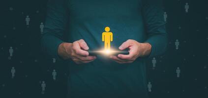 Businessman showing the linkage of organizational structure with effective management and have leadership in team building, human resource management concepts, strategic goals for business growth photo
