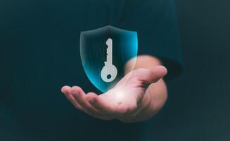 Person showing protection system In order to screen or prevent attacks from cyber, hackers, the concept of managing systems to be safe. digital transformation Internet of Things, Data Storage photo