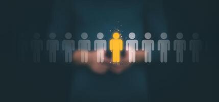 Businessman showing the linkage of organizational structure with effective management and have leadership in team building, human resource management concepts, strategic goals for business growth photo