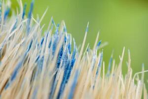 Close-up of an old painted plot with dried blue paint stuck to the end of the plot, abstract background. photo